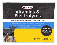Vue de la bouteille Durvet Vitamines et Electrolytes Concentré, hydratation animale.