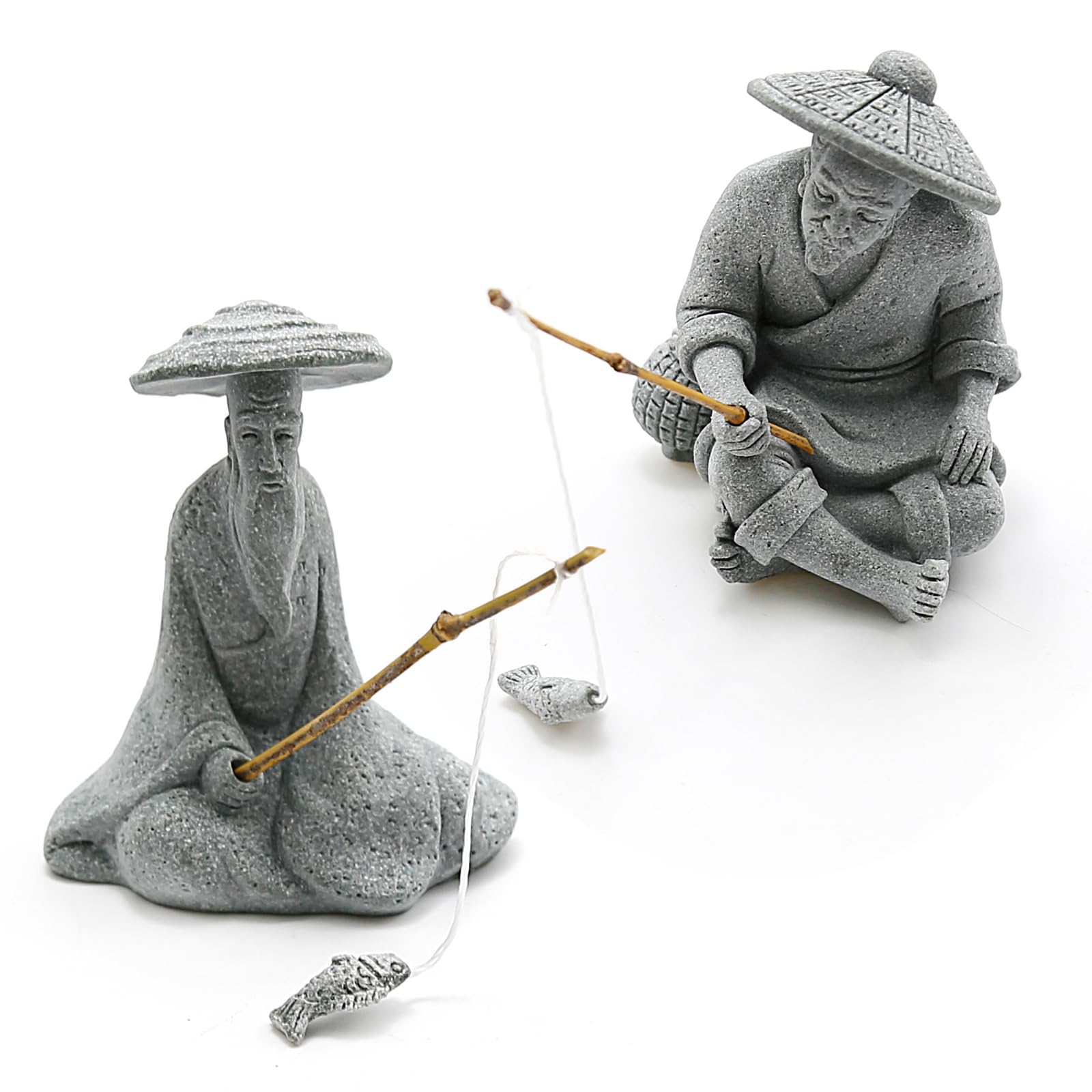 DUZFOREI figurine pêcheur assis sur pierre, décor zen pour aquarium.