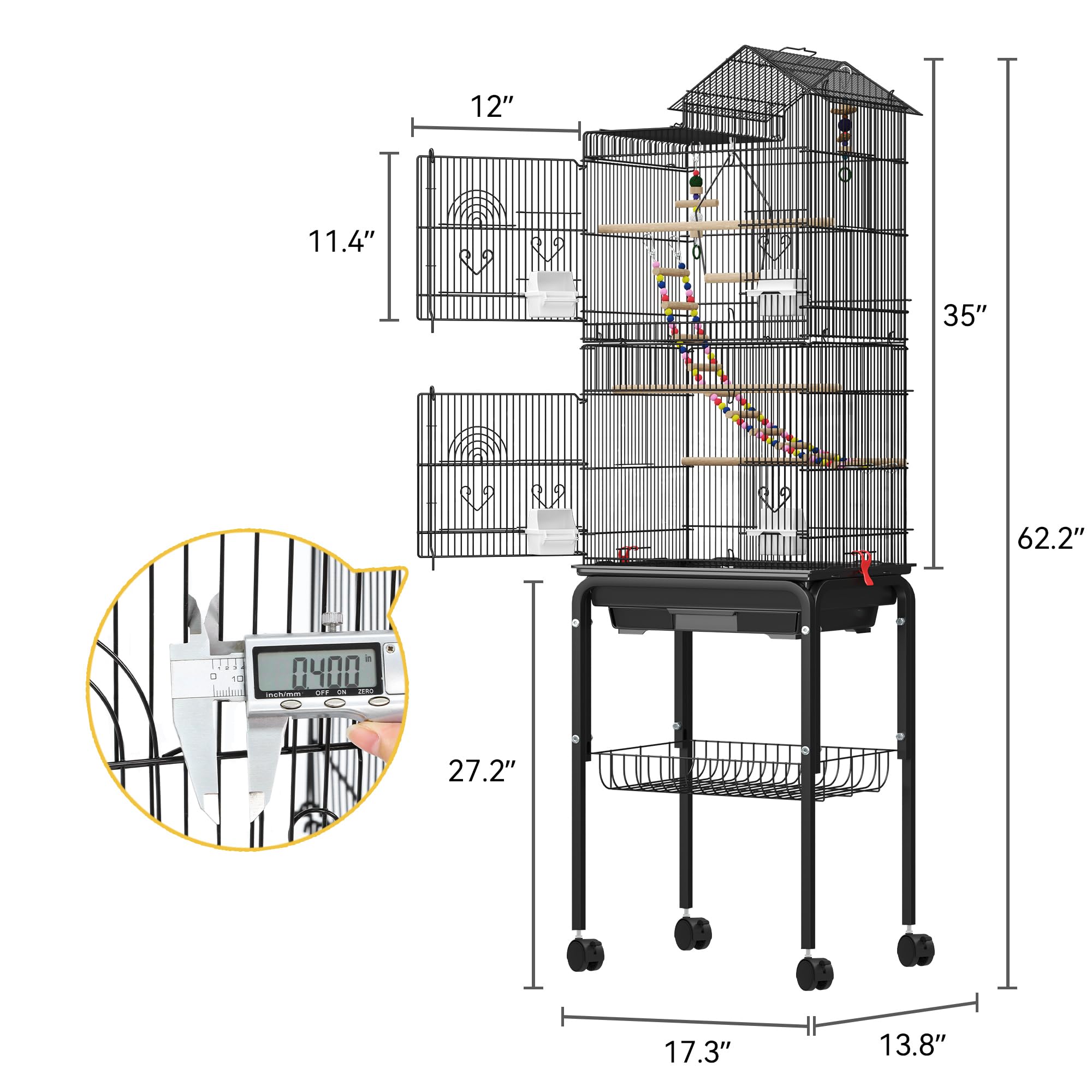 DWVO cage-oiseaux 4-portes, roulettes 360°, nettoyage facilité.