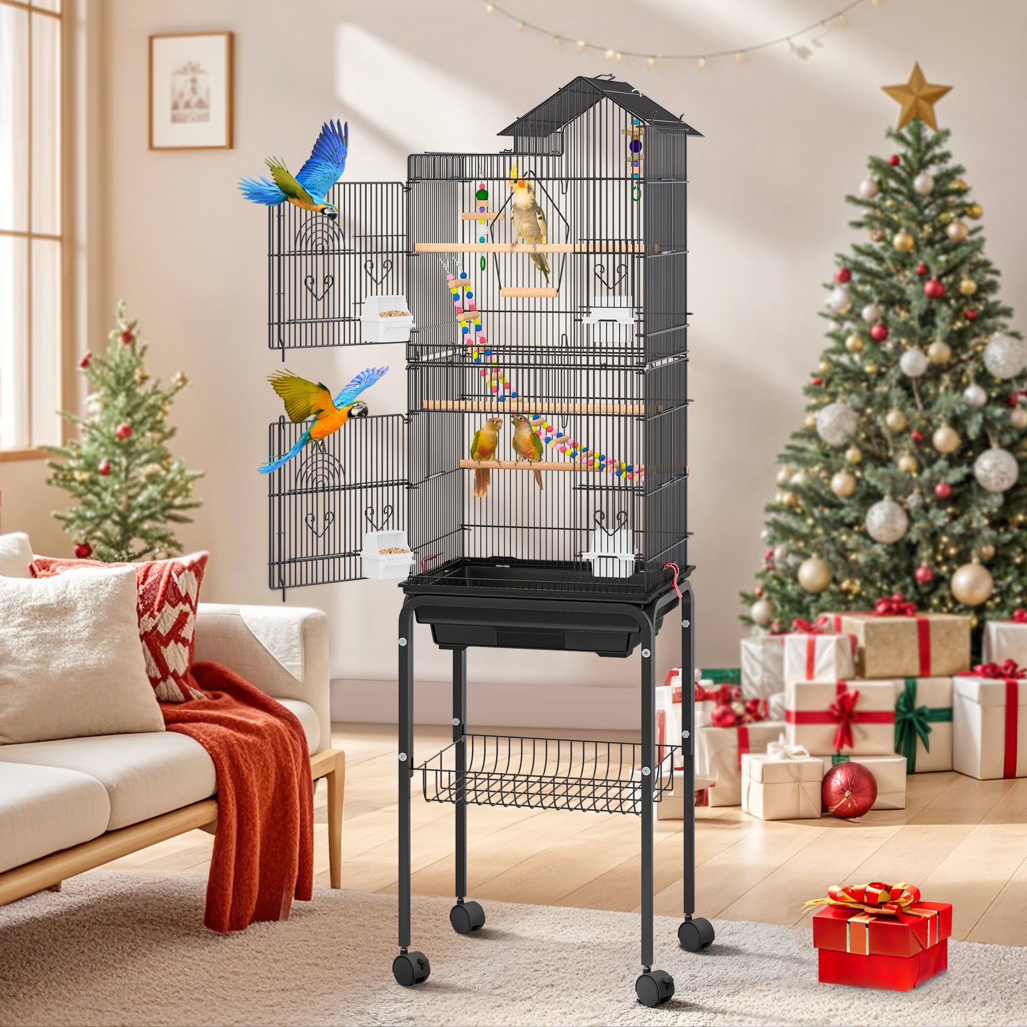 DWVO cage oiseau métallique 62 pouces avec porte-toit, pratique et spacieuse.