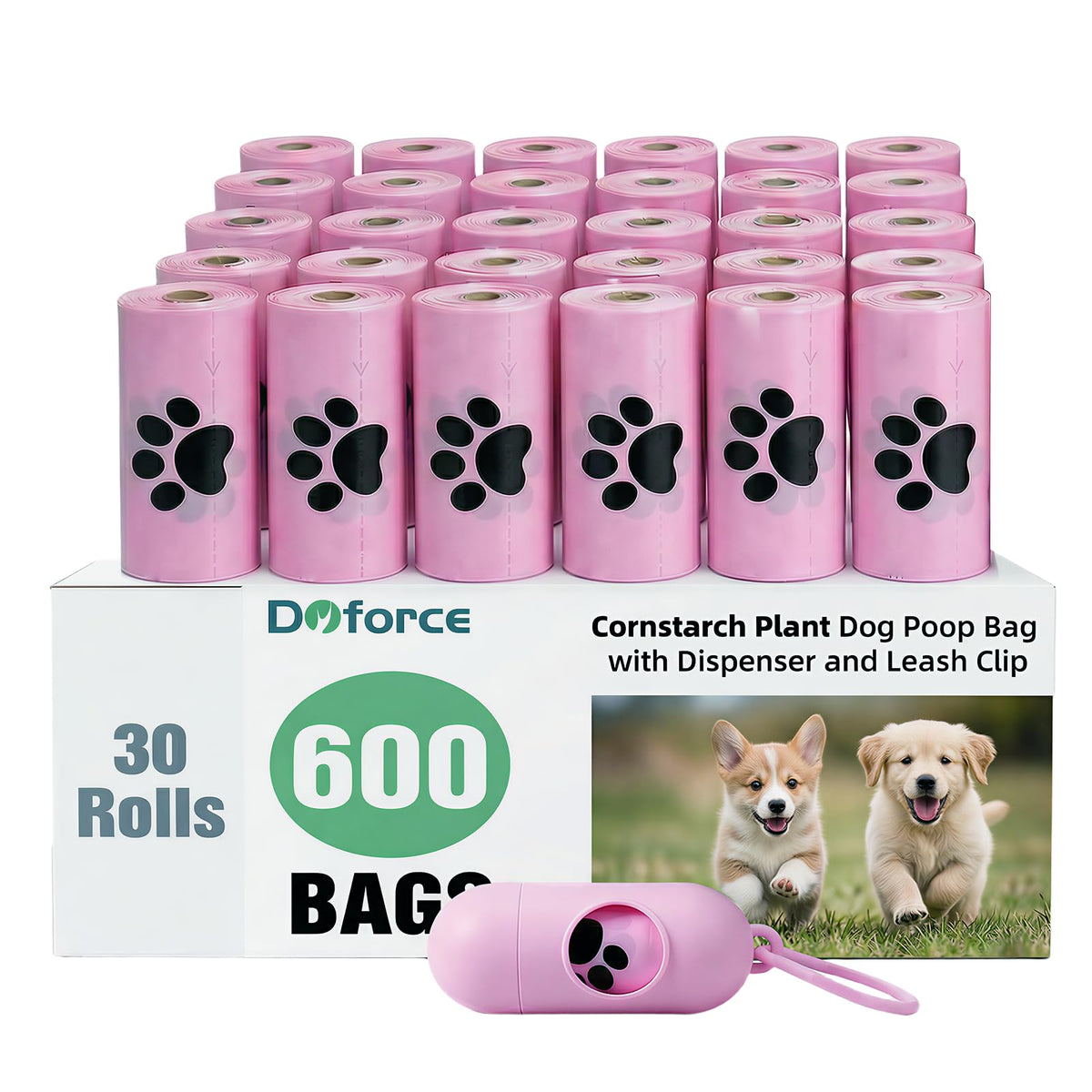 Dyforce, distributeur rose et sacs-poubelle, pratique pour promenades propres.
