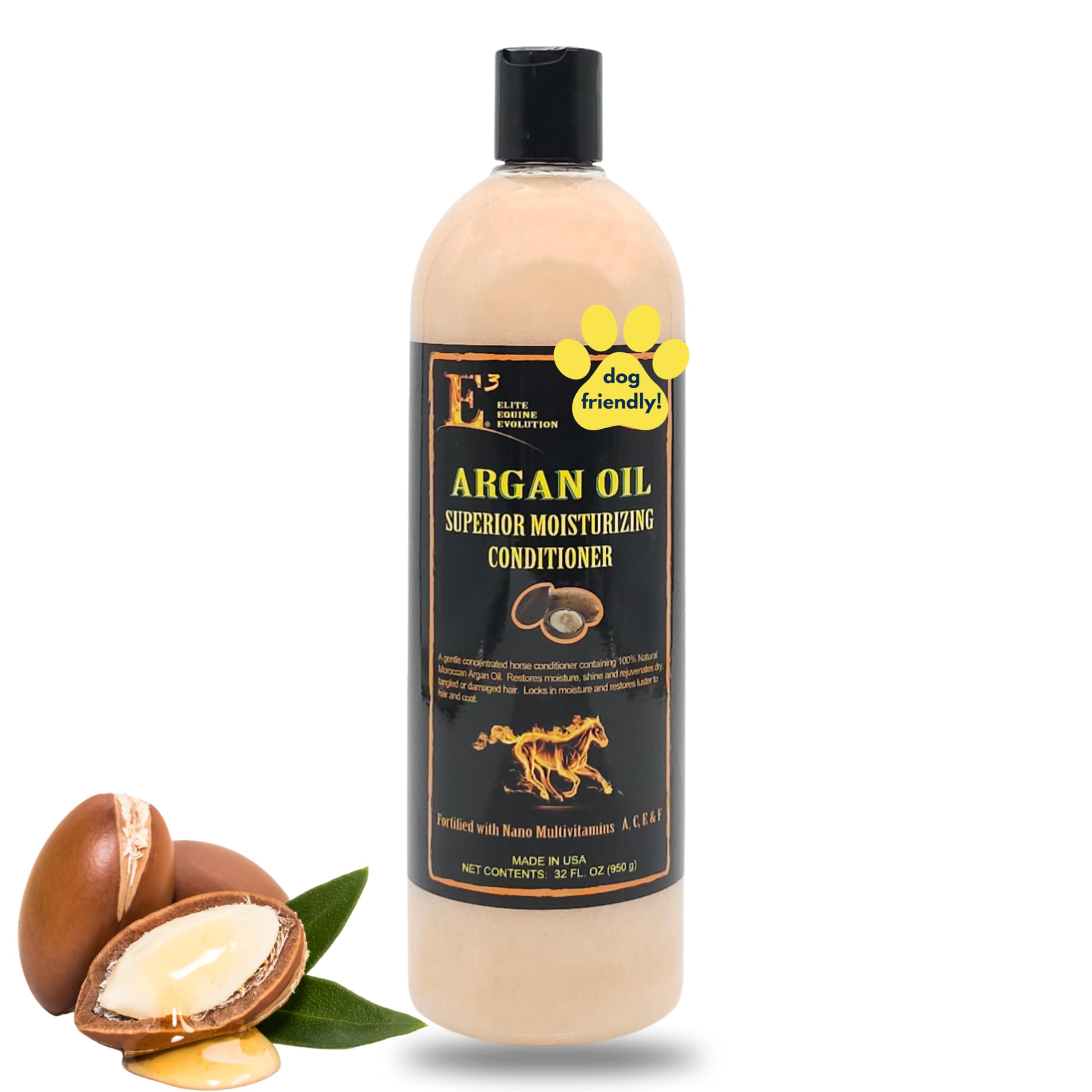 E3 Conditionneur à l'huile d'argan - bouteille, hydratation intense pour cheveux secs.