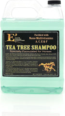 Shampoing E3 arbre à thé pour cheval, bouteille 3,8 L, pelage sain et brillance.