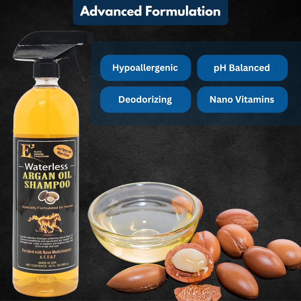E3 Shampoing argan nourrit cheveux et peau du cheval.