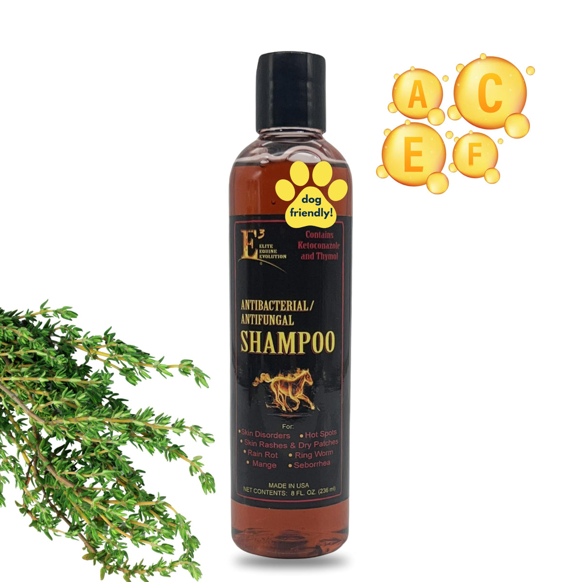Shampoo E3 antifongique en bouteille peut apaiser les démangeaisons chien ou cheval.