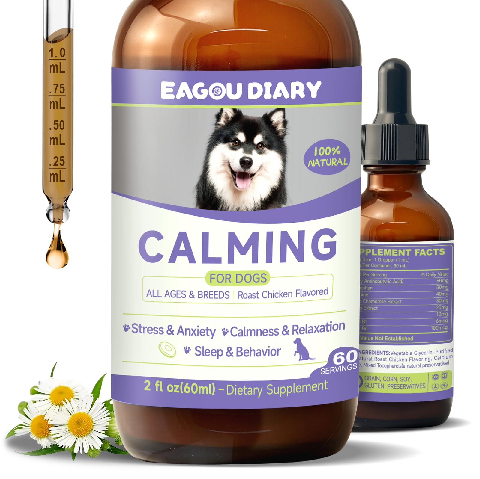 Gouttes apaisantes Eagou Diary — bouteille prête à l'emploi pour calmer votre chien.