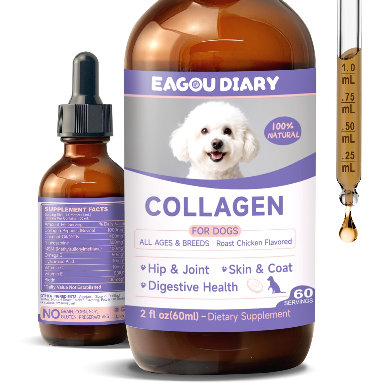 Gouttes collagène Eagou Diary en bouteille, soutien articulations du chien.