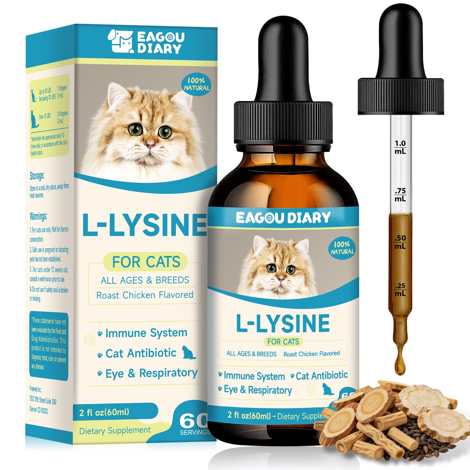 Gouttes Eagou Diary L-Lysine pour immunité féline et bien-être général.