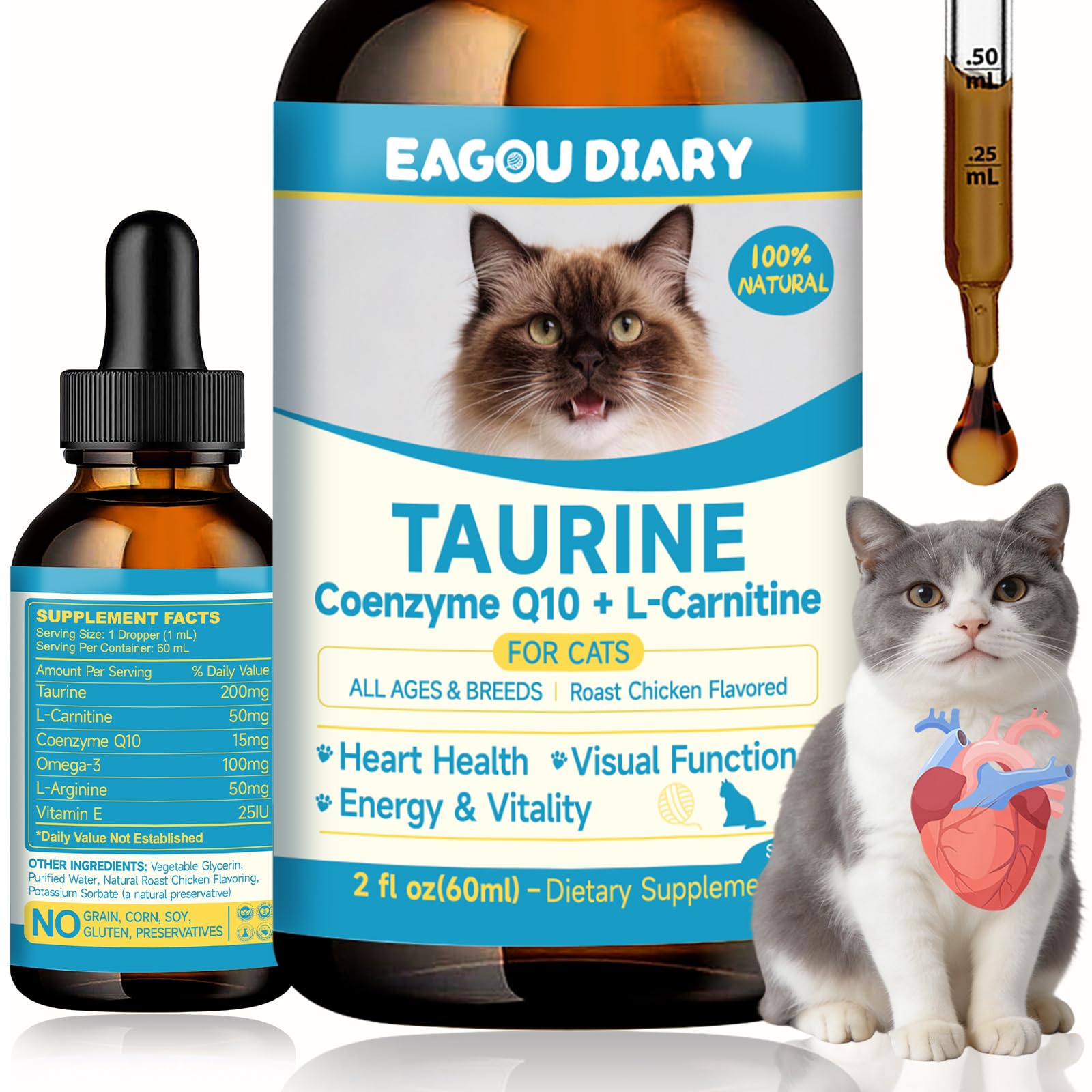 Eagou Diary Taurine pour chats, flacon gouttes 60 ml, soutien cardiaque