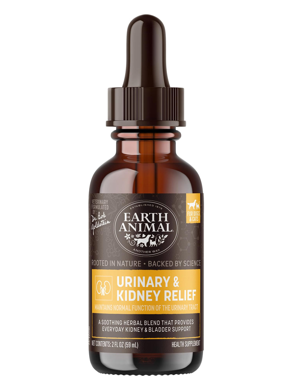 Earth Animal Apothecary gouttes urinaire-rein bouteille 60ml, administration facile pour chiens et chats.