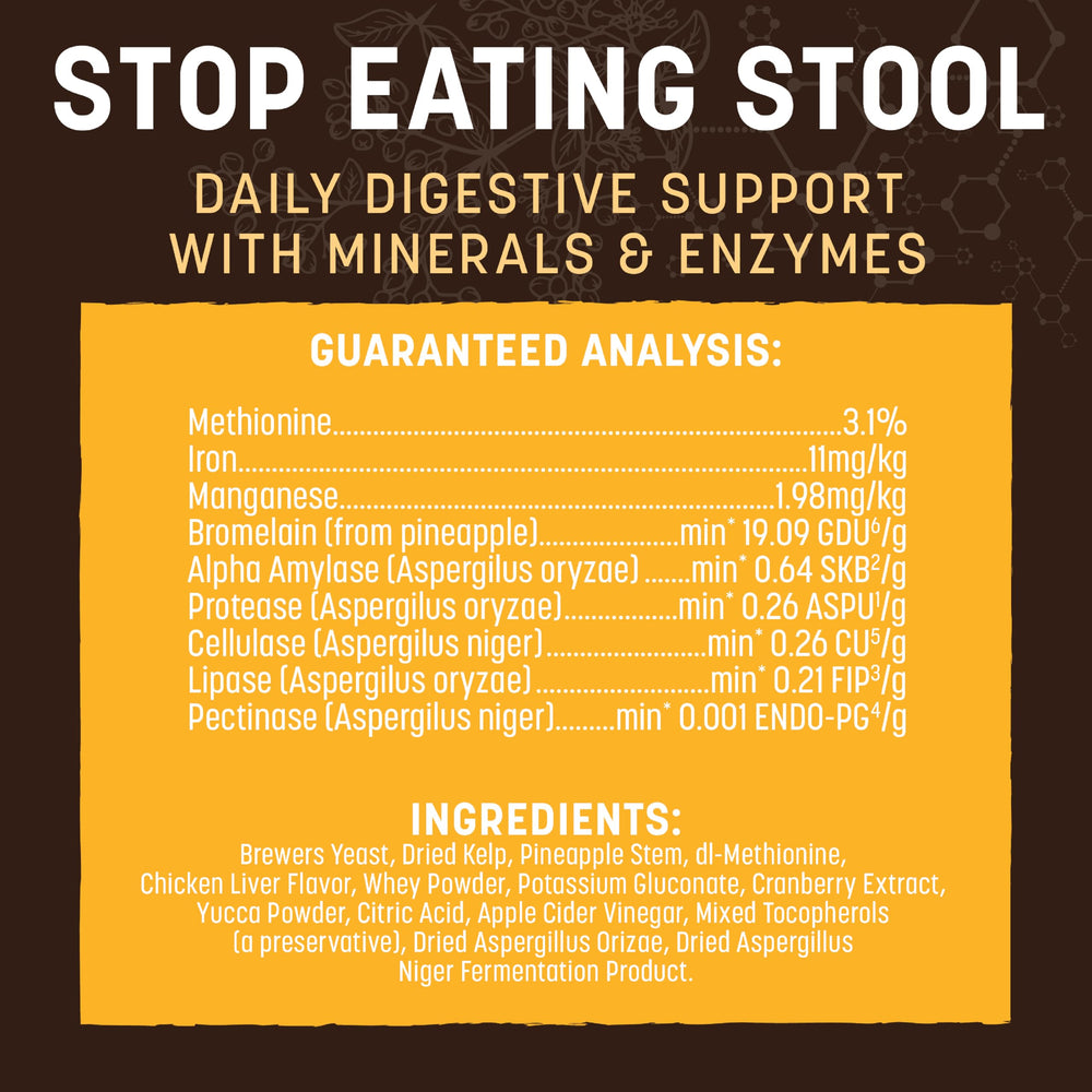Earth Animal Apothecary Stop Stool: ingrédients naturels comme kelp et vitamines dans la formulation.