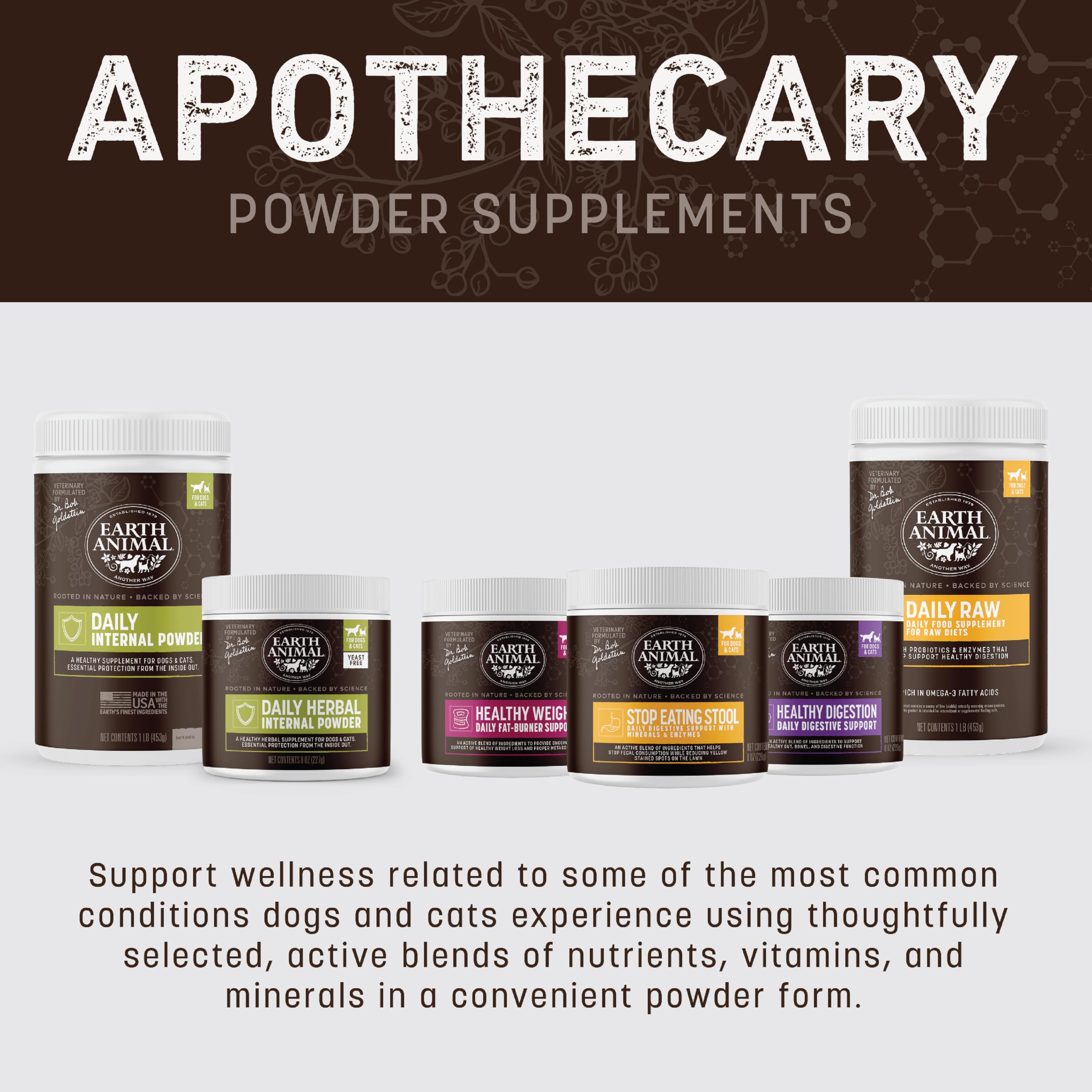 Earth Animal Apothecary Stop Stool: produit américain avec ingrédients naturels issus du monde.
