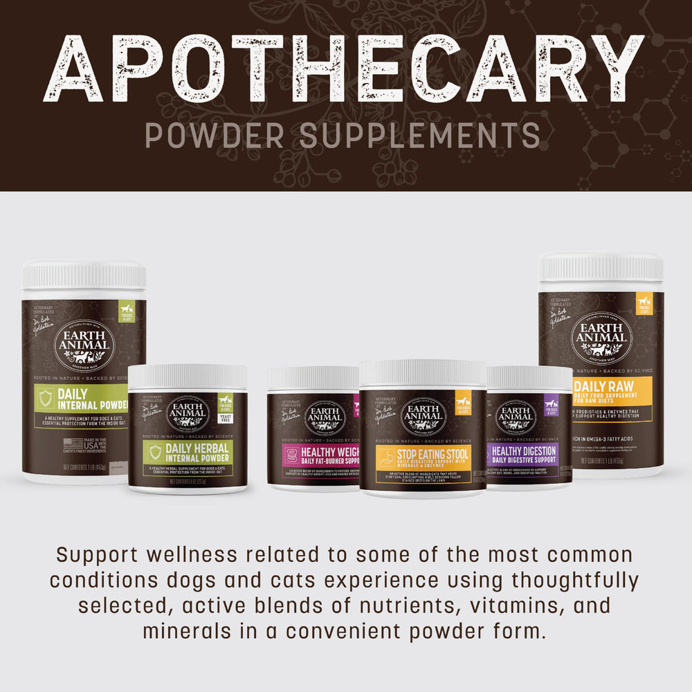 Earth Animal Apothecary Stop Stool: produit américain avec ingrédients naturels issus du monde.