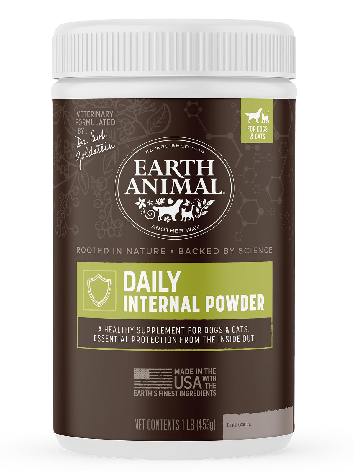 Earth Animal Apothicaire Poudre Interne Quotidienne, repousse les insectes pour chiens et chats.