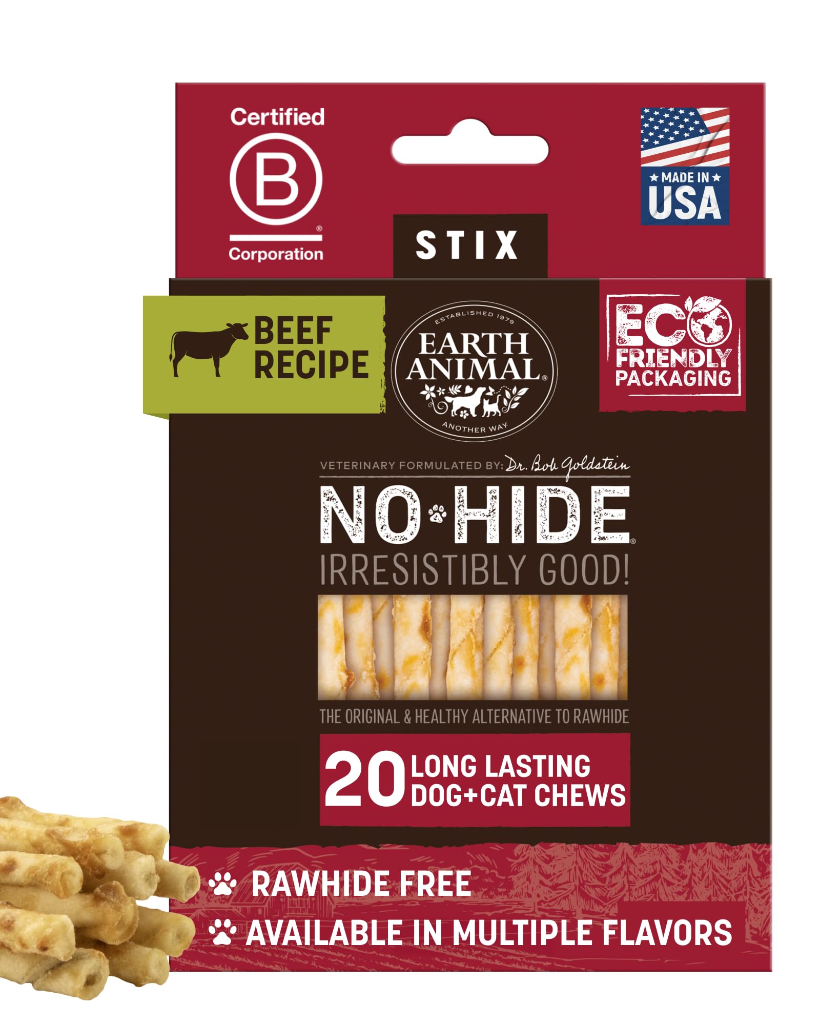 Earth Animal No Hide Stix – emballage 20 pièces; alternative naturelle au cuir pour petits chiens
