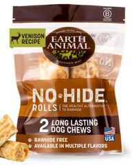 Earth Animal friandises sans cuir pour petits chiens, rouleaux au venaison, faciles à mâcher.