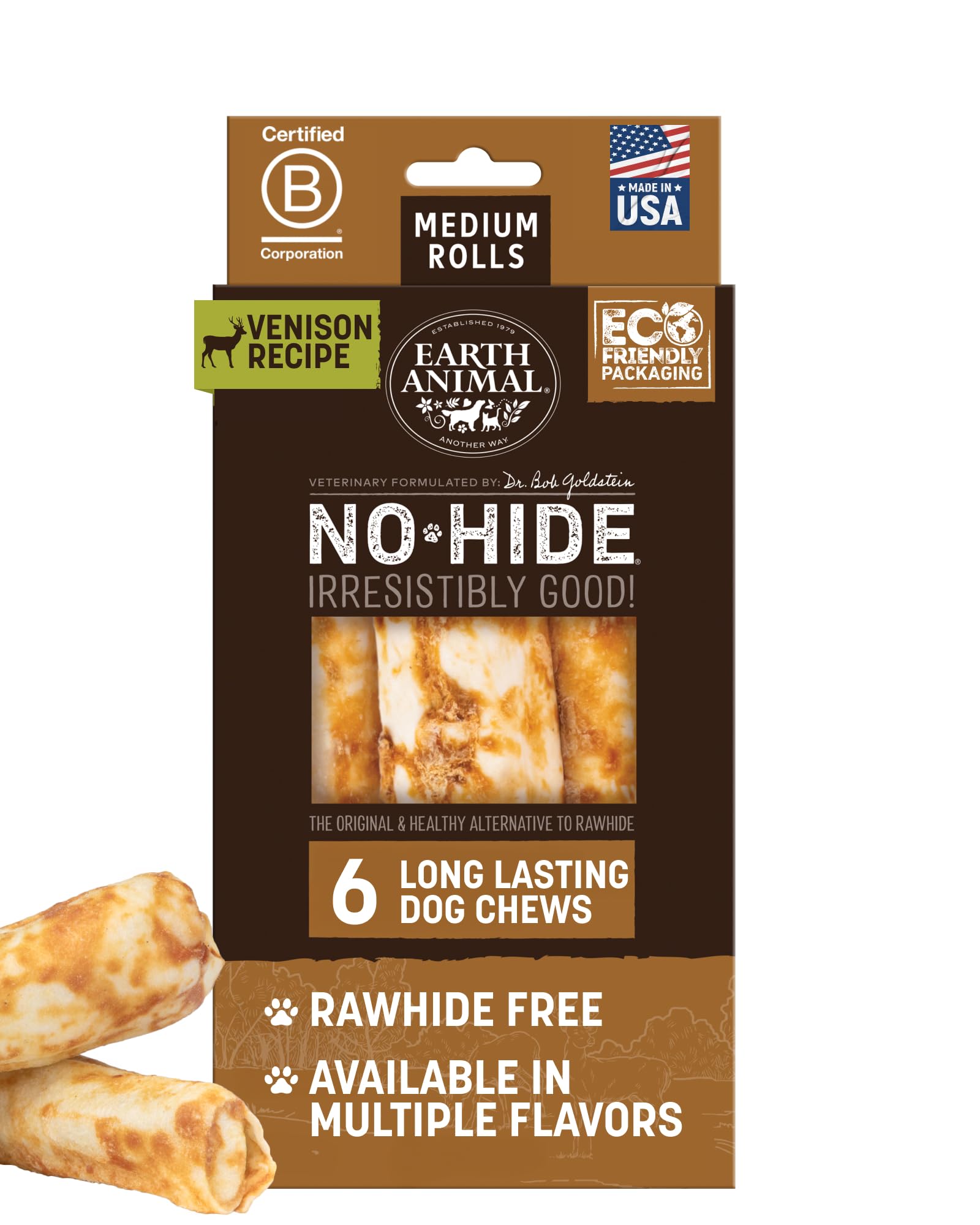 Earth Animal friandises sans peau : rouleaux venaison pour chiens moyens, longue mastication.