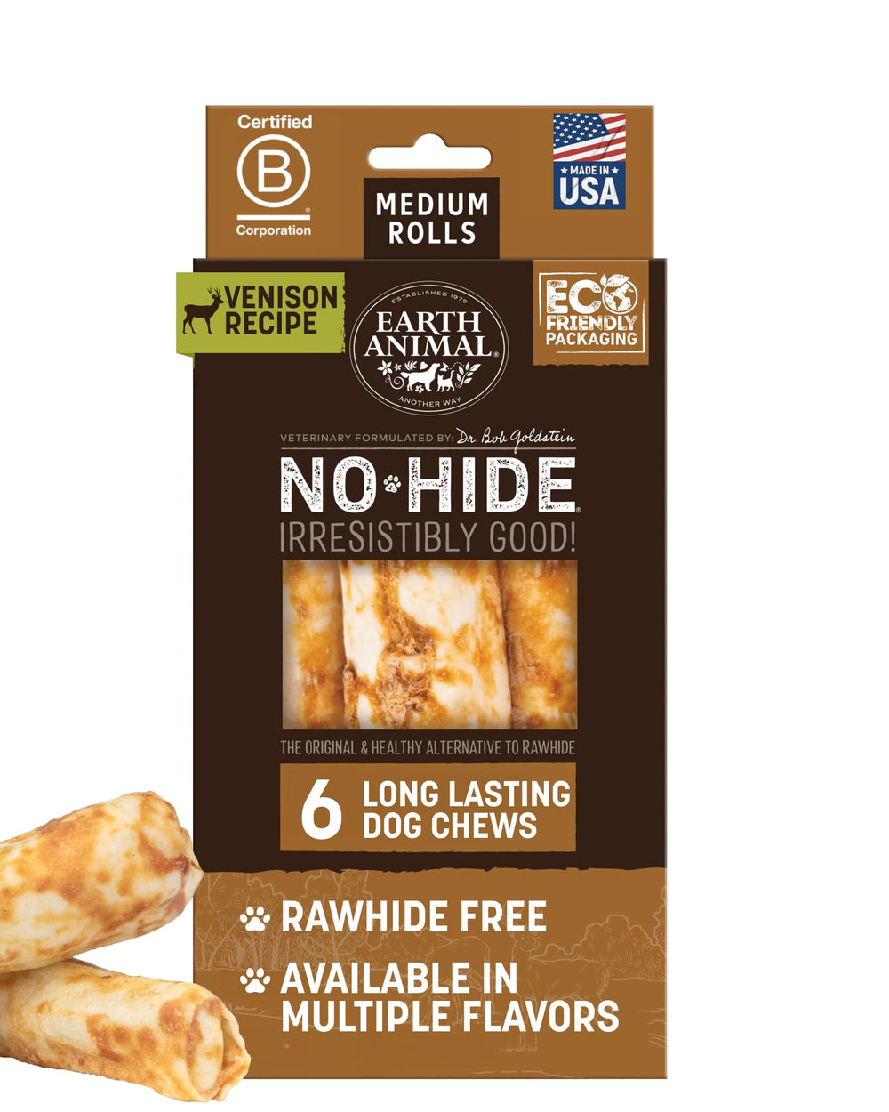 Earth Animal friandises sans peau : rouleaux venaison pour chiens moyens, longue mastication.