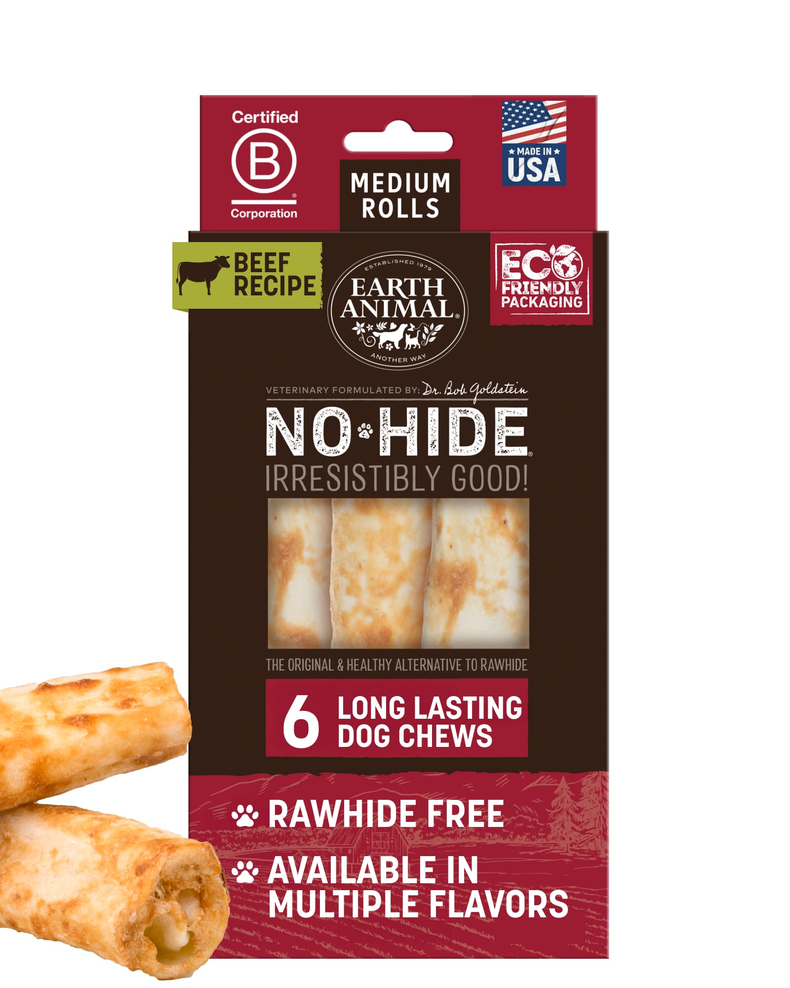 Earth Animal No Hide Chews – rouleaux format moyen paquet, mastication longue durée.