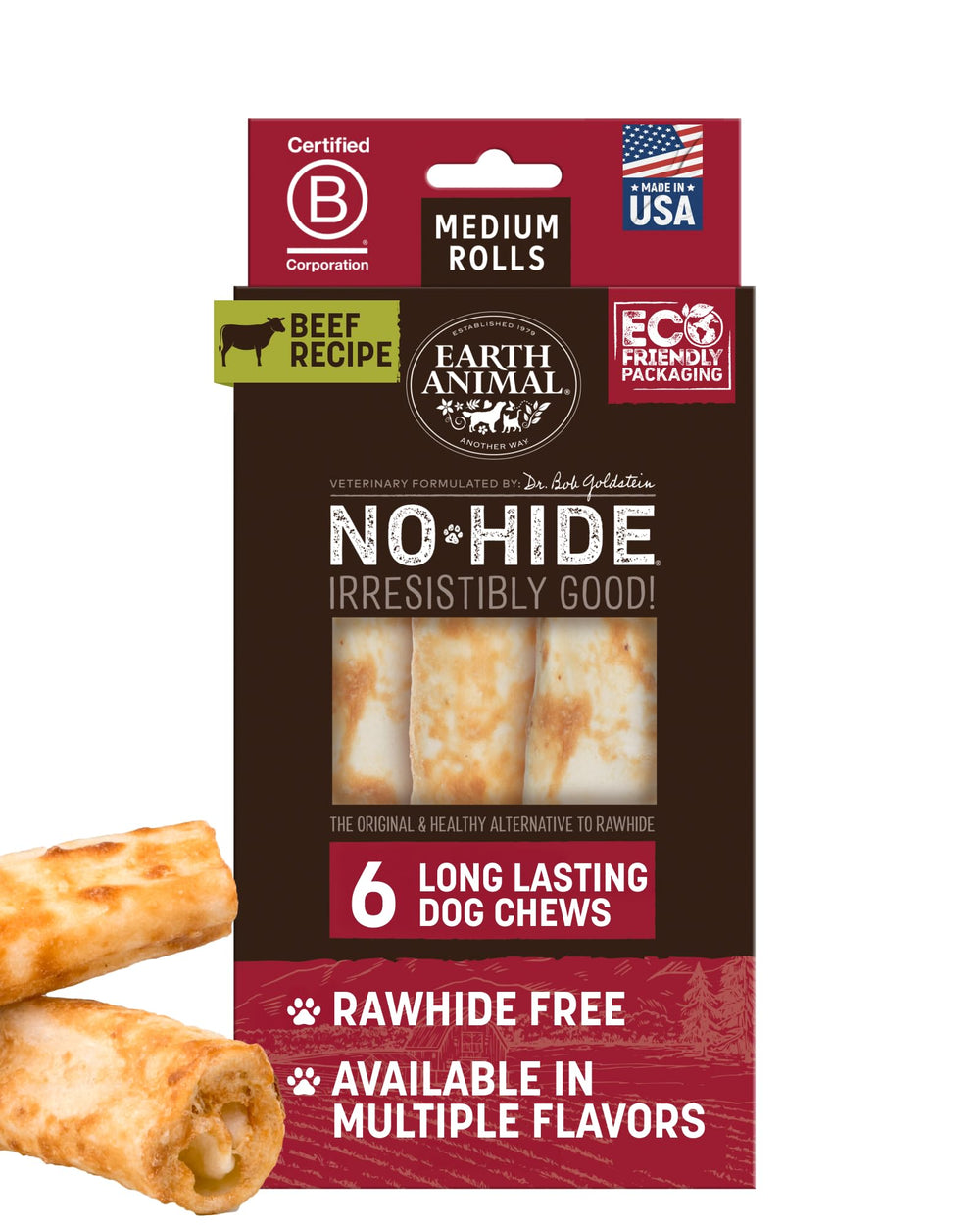 Earth Animal No Hide Chews – rouleaux format moyen paquet, mastication longue durée.
