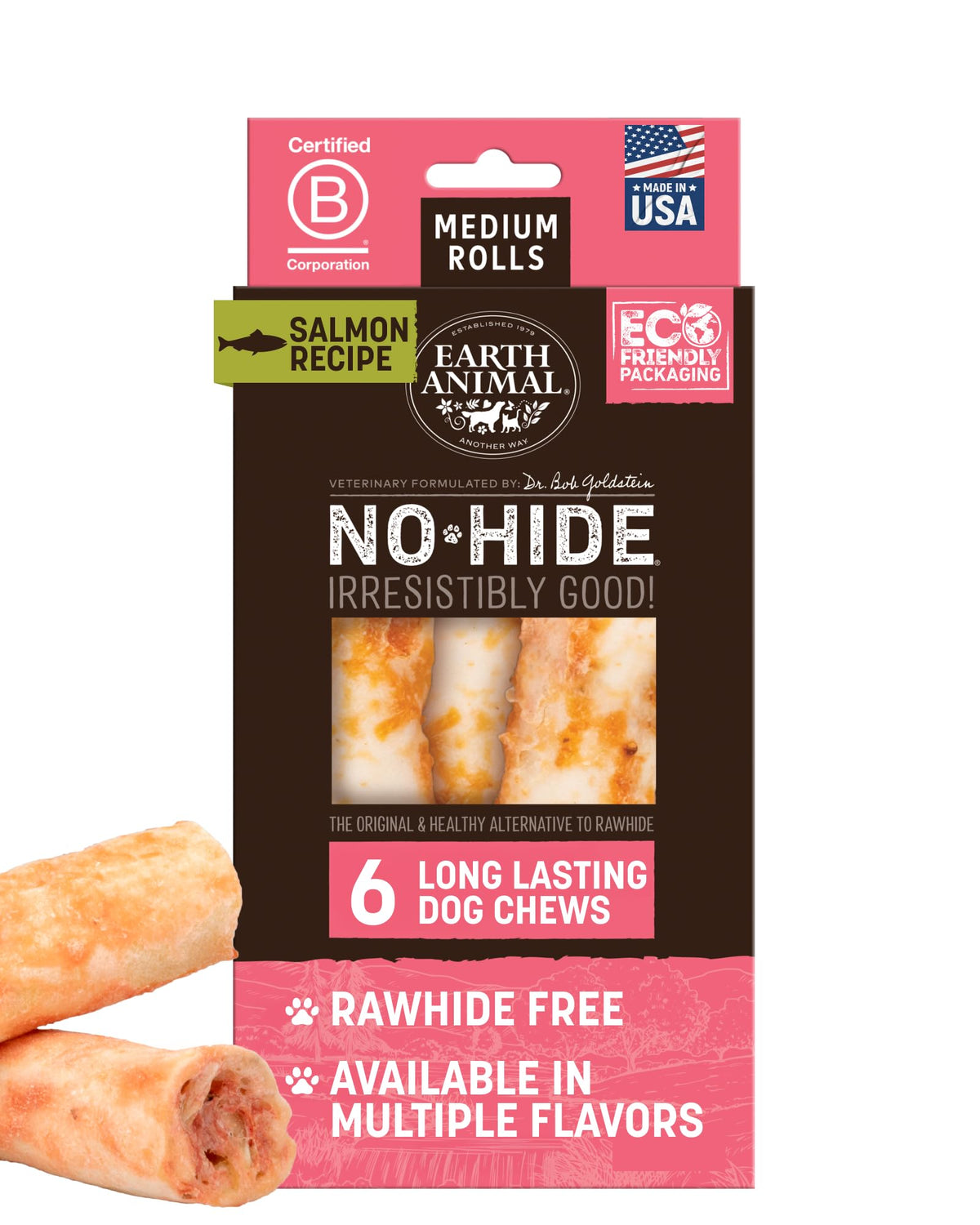 Earth Animal No Hide Chews – rouleaux longue durée au saumon pour chien moyen.