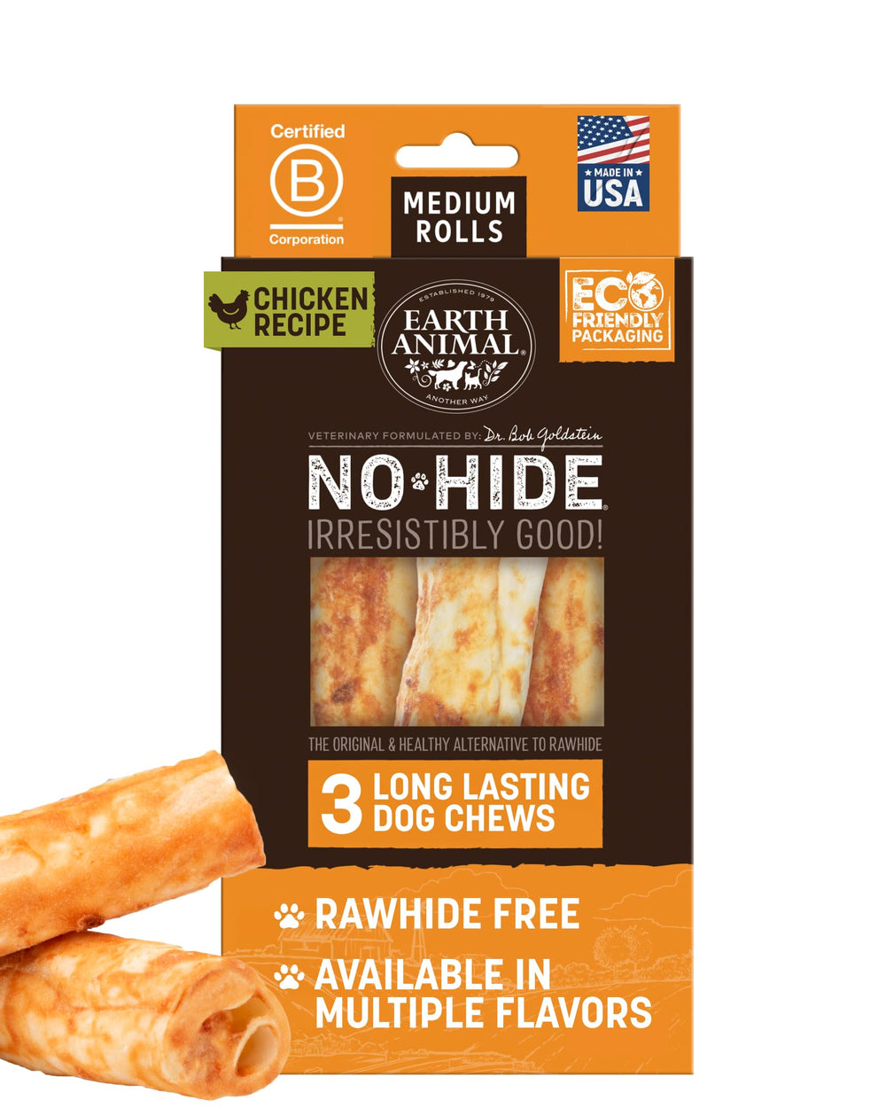 Earth Animal No-Hide Chews emballage poulet, pack de 3 pour chiens moyens.