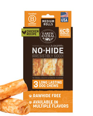 Earth Animal No-Hide Chews emballage poulet, pack de 3 pour chiens moyens.