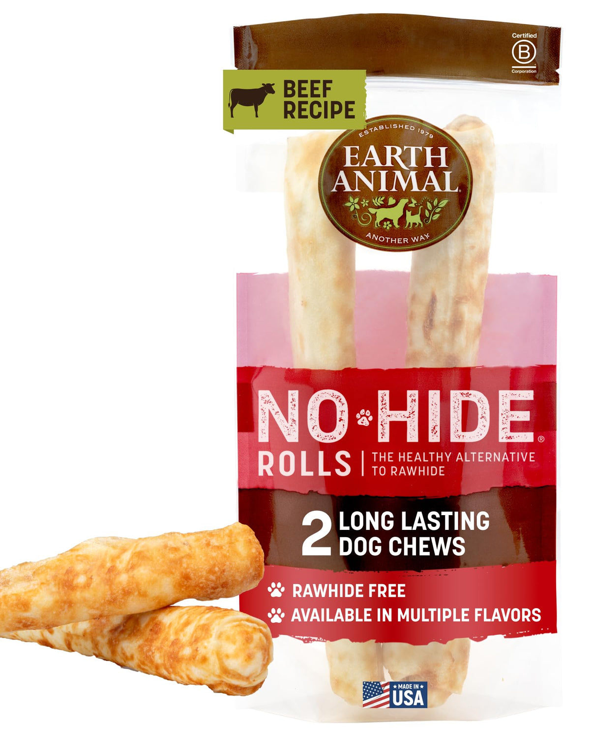 Earth Animal No Hide Chews emballage et bouchées de bœuf pour grands chiens.