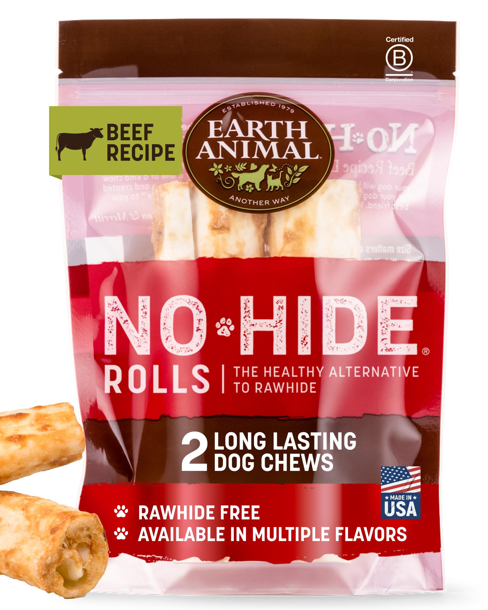 Earth Animal No Hide Chews – rouleaux de bœuf moyen, mâche longue et satisfaisante.