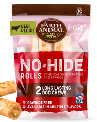 Earth Animal No Hide Chews – rouleaux de bœuf moyen, mâche longue et satisfaisante.