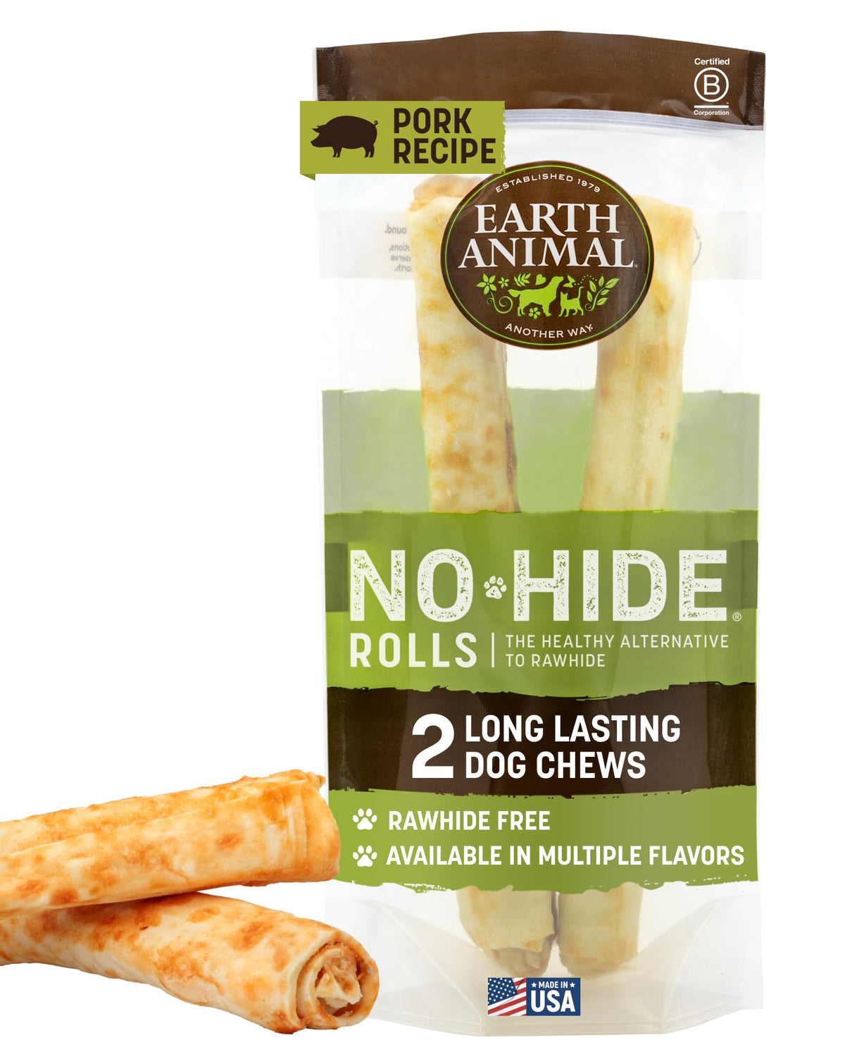 Earth Animal No Hide Chews: rouleaux grands porcs, sans cuir, parfaits pour chiens actifs.
