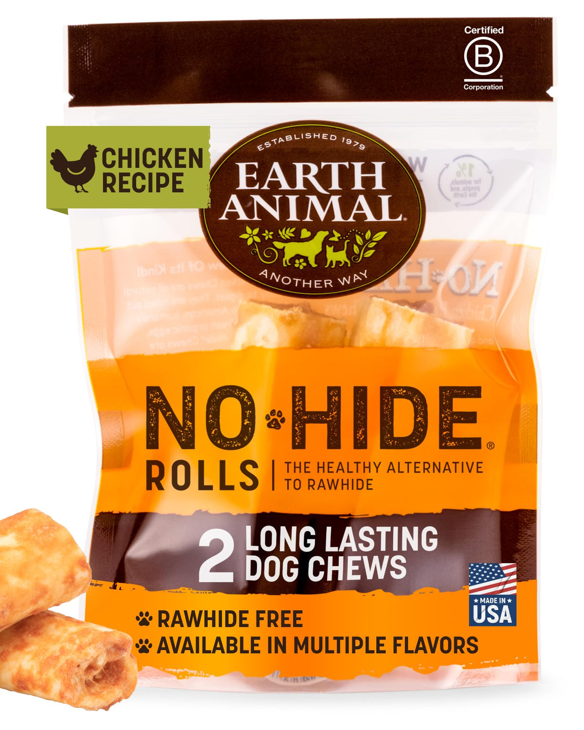 Earth Animal No Hide Chews rouleaux de poulet 2 pièces sans cuir pour petits chiens.