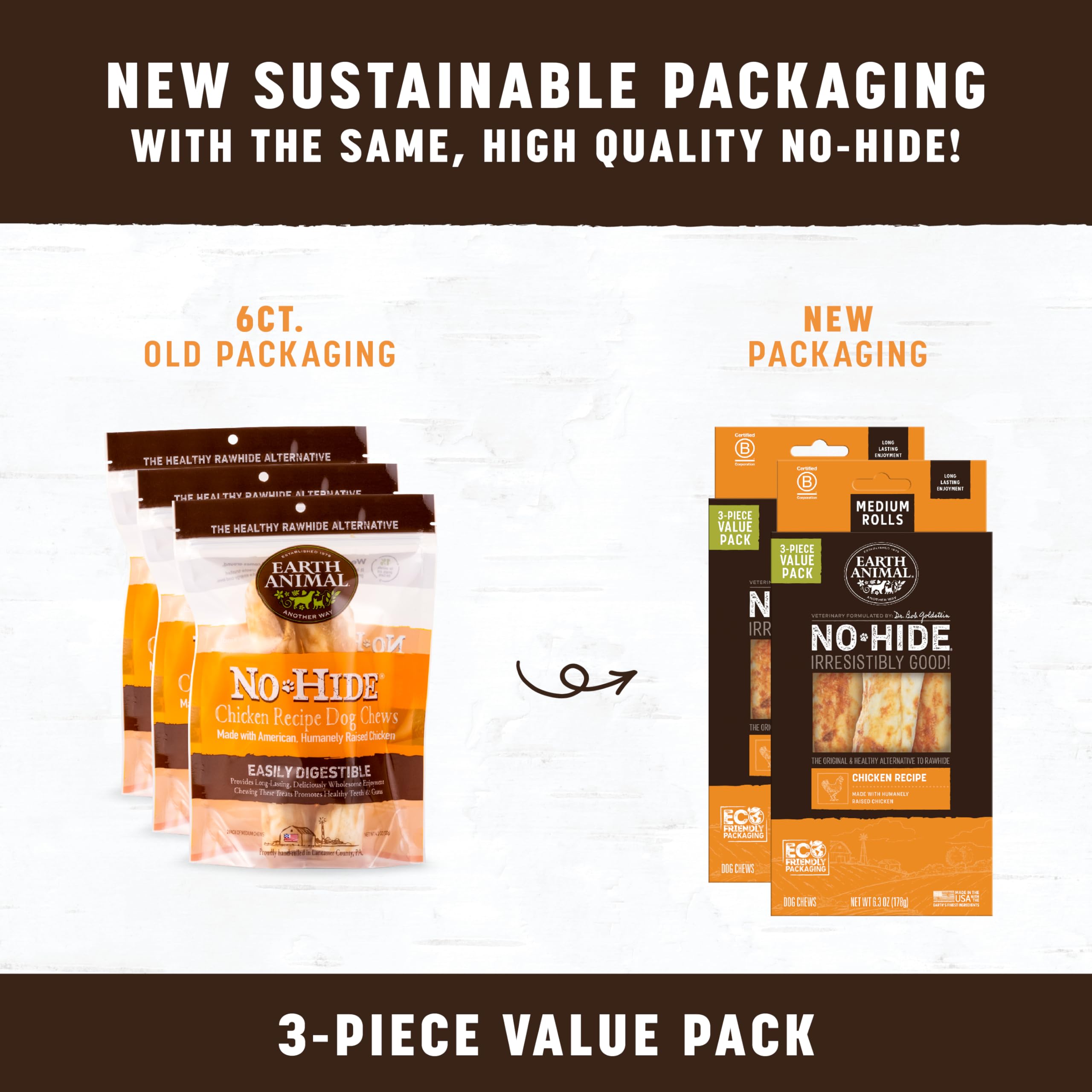 Earth Animal No-Hide Chews rouleaux poulet, texture naturelle.