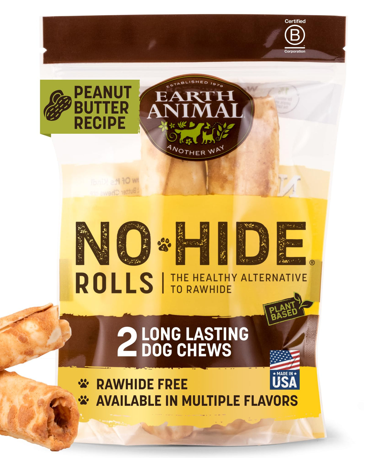 Earth Animal No Hide Chews – rouleaux sans peau pour chien moyen, récompense longue durée