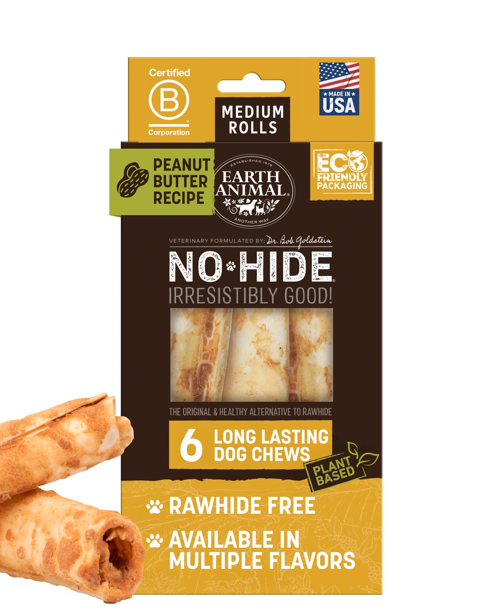 Earth Animal No Hide Chews – rouleaux pour chien moyen, distraction durable et sans cuir.