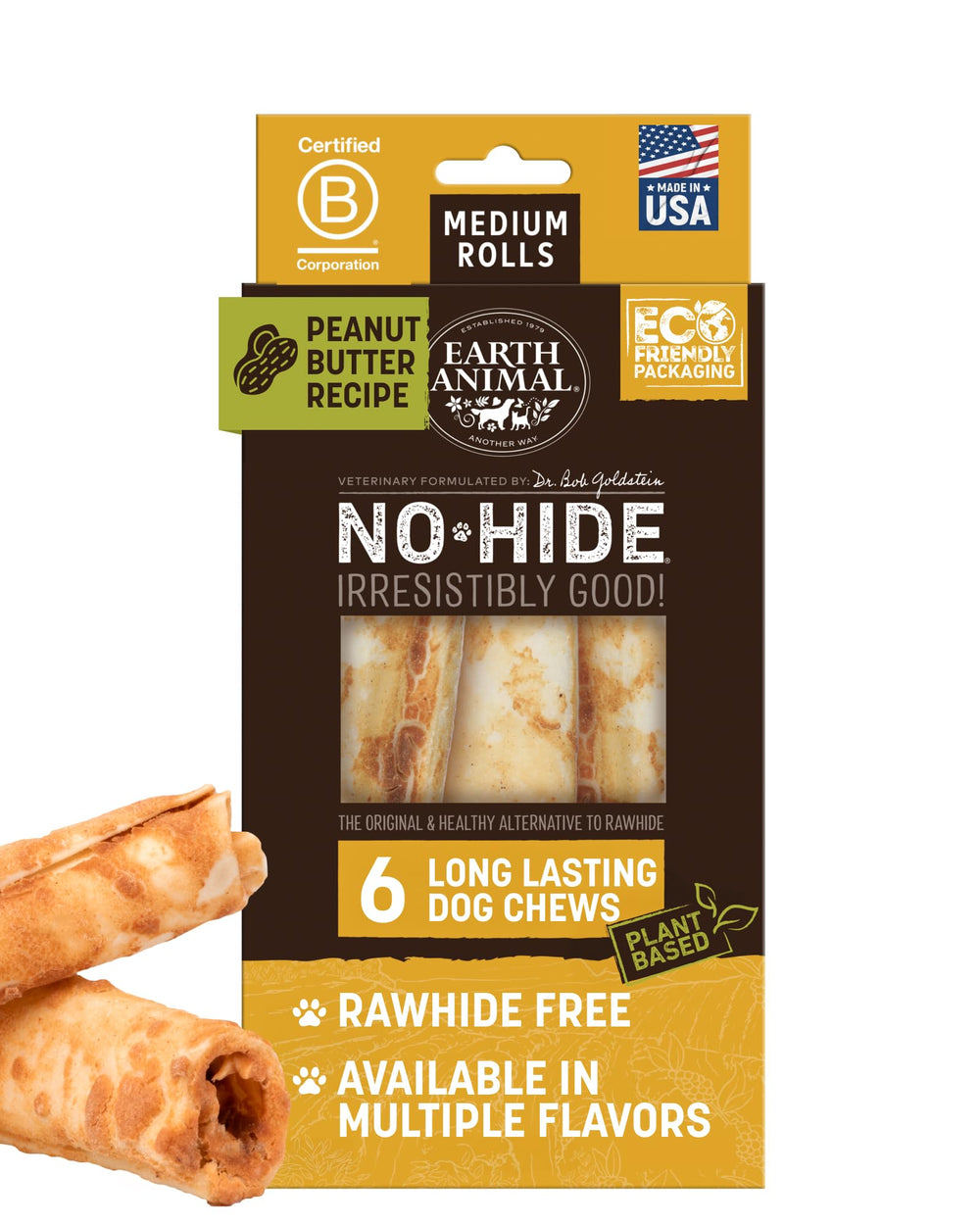 Earth Animal No Hide Chews – rouleaux pour chien moyen, distraction durable et sans cuir.