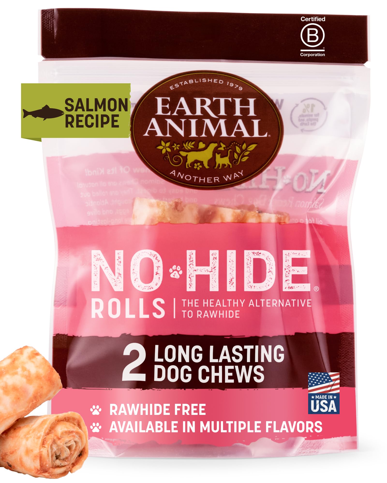 Earth Animal No Hide Chews: rouleaux saumon, 2 pièces, friandise durable.