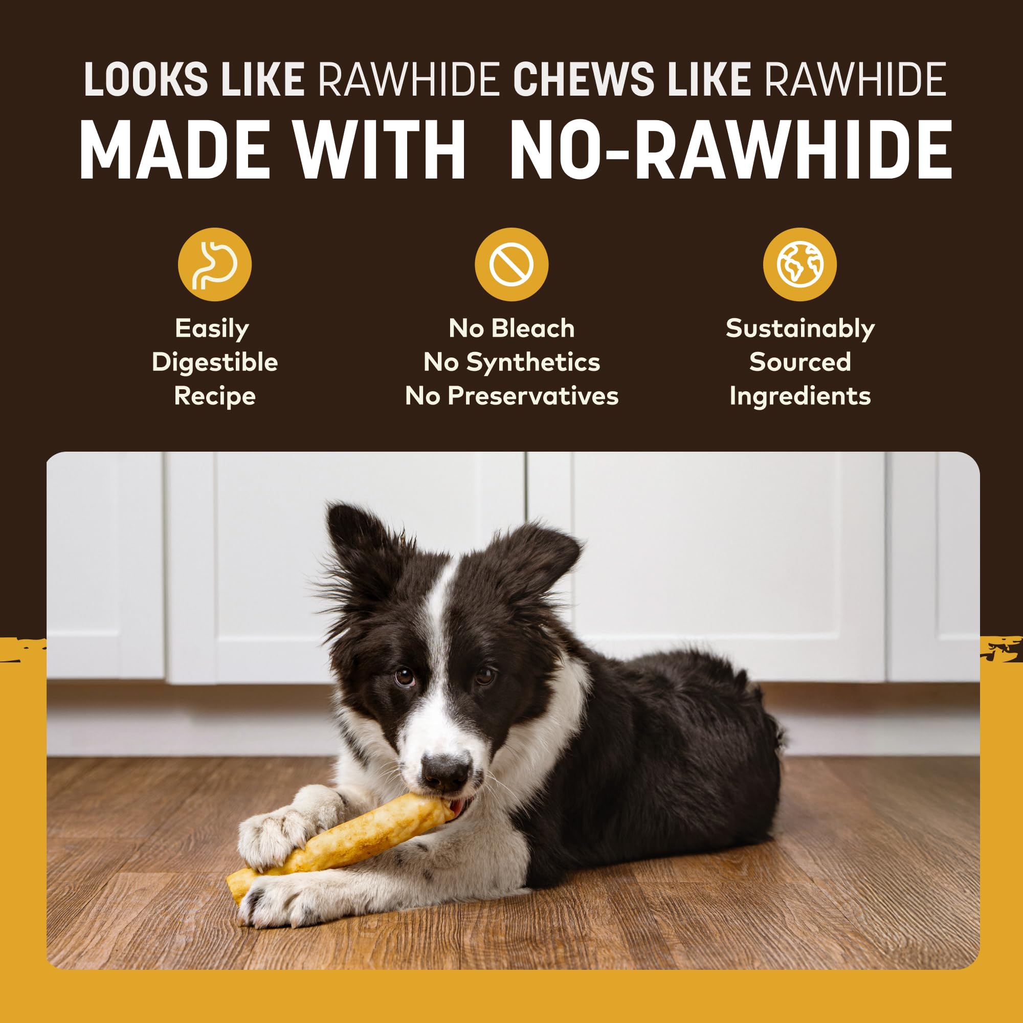 Earth Animal No Hide Chews – sans blanchiment ni additifs, ingrédients simples et naturels.