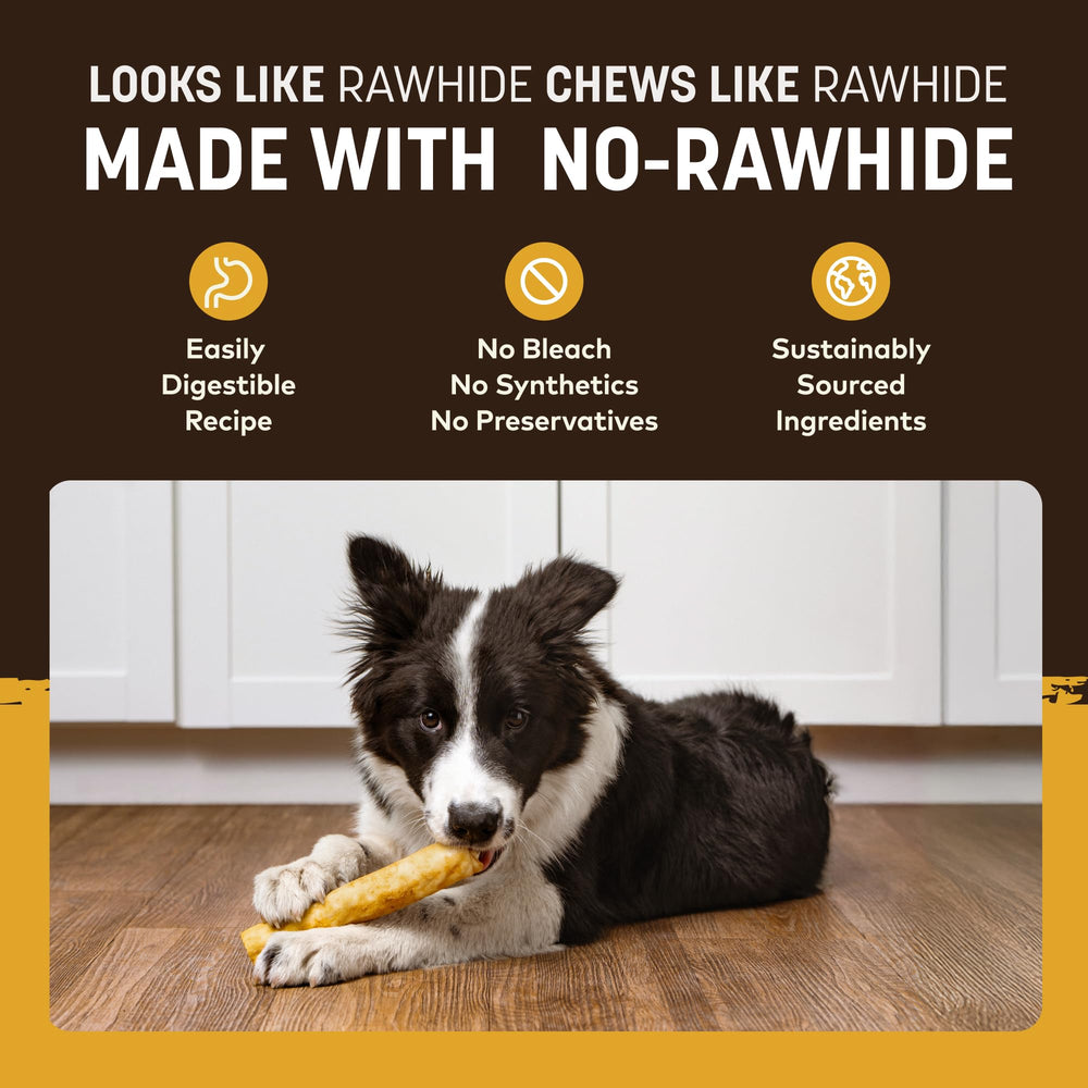 Earth Animal No Hide Chews – sans blanchiment ni additifs, ingrédients simples et naturels.