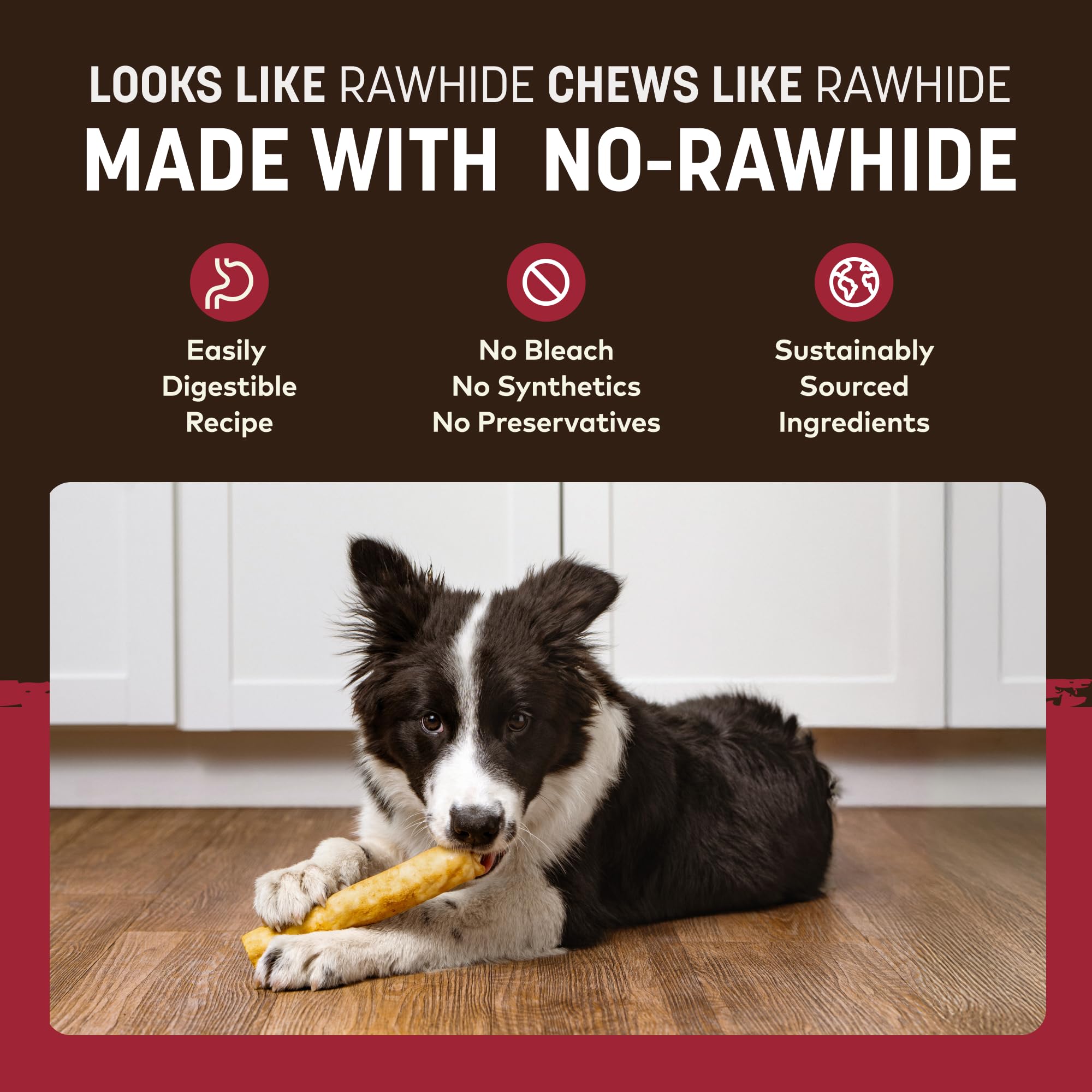 Earth Animal No Hide Chews – sans cuir, sans blanchiment et sans conservateurs.