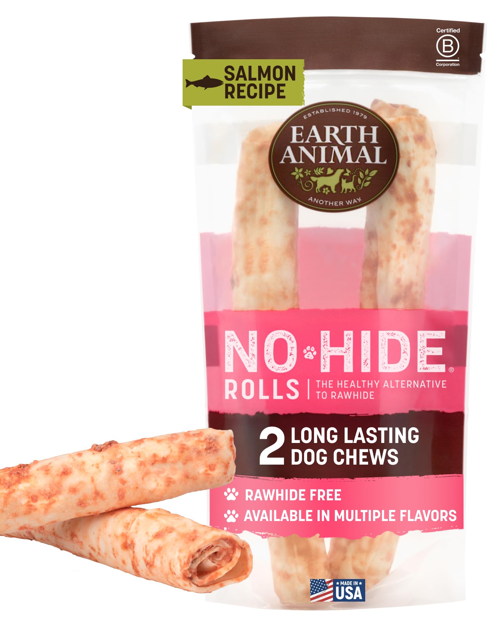 Earth Animal No Hide Chews saumon – emballage durable pour chien de grande taille.