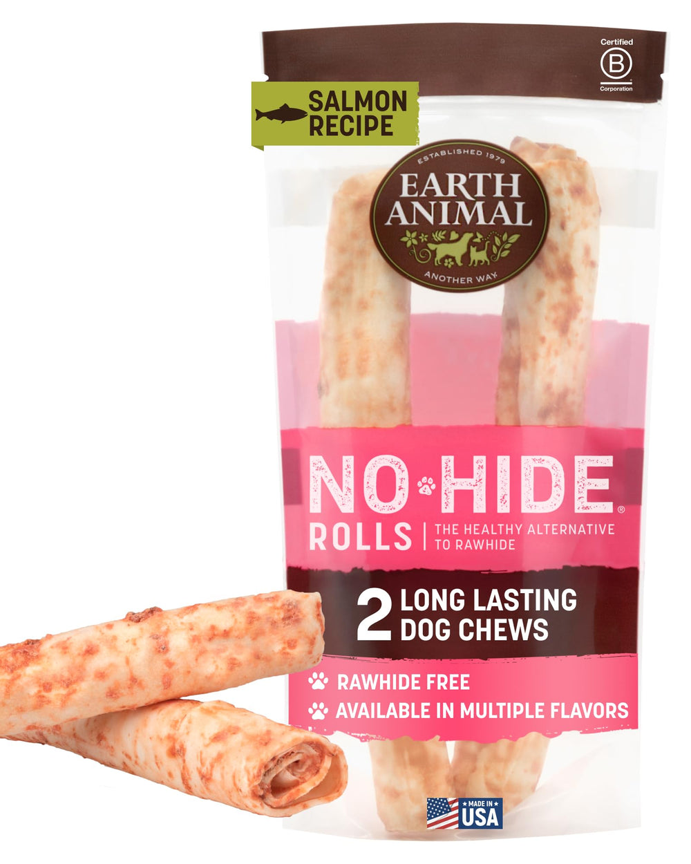 Earth Animal No Hide Chews saumon – emballage durable pour chien de grande taille.
