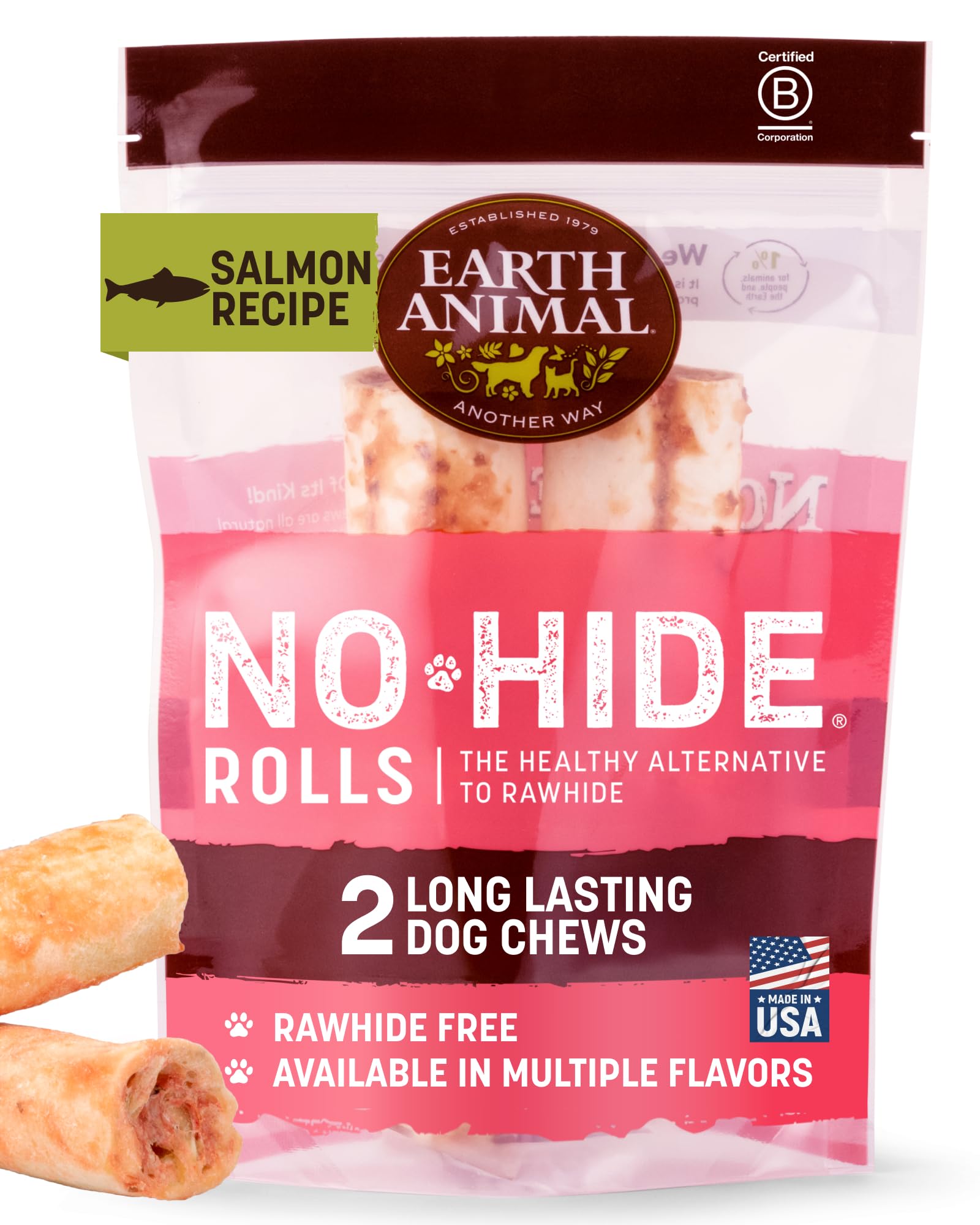 Earth Animal No Hide Chews saumon – rouleaux durables sans cuir pour chien moyen.