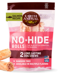 Earth Animal No Hide Chews saumon – rouleaux durables sans cuir pour chien moyen.