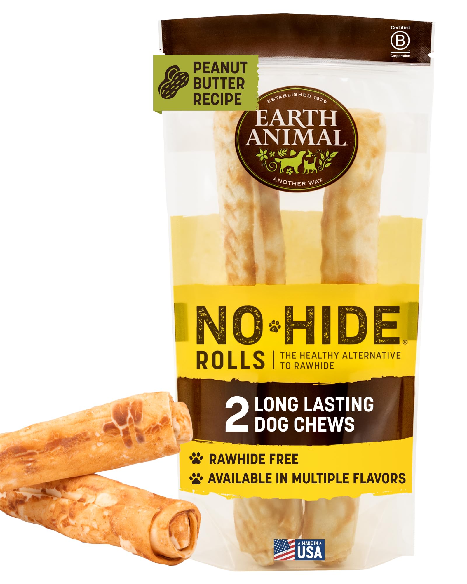 Earth Animal No Hide – rouleaux sans cuir avec pâte d'arachide pour une mastication durable.
