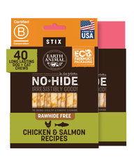 Earth Animal No-Hide Stix: bâtonnets poulet et saumon, durables et digestibles pour petites races.