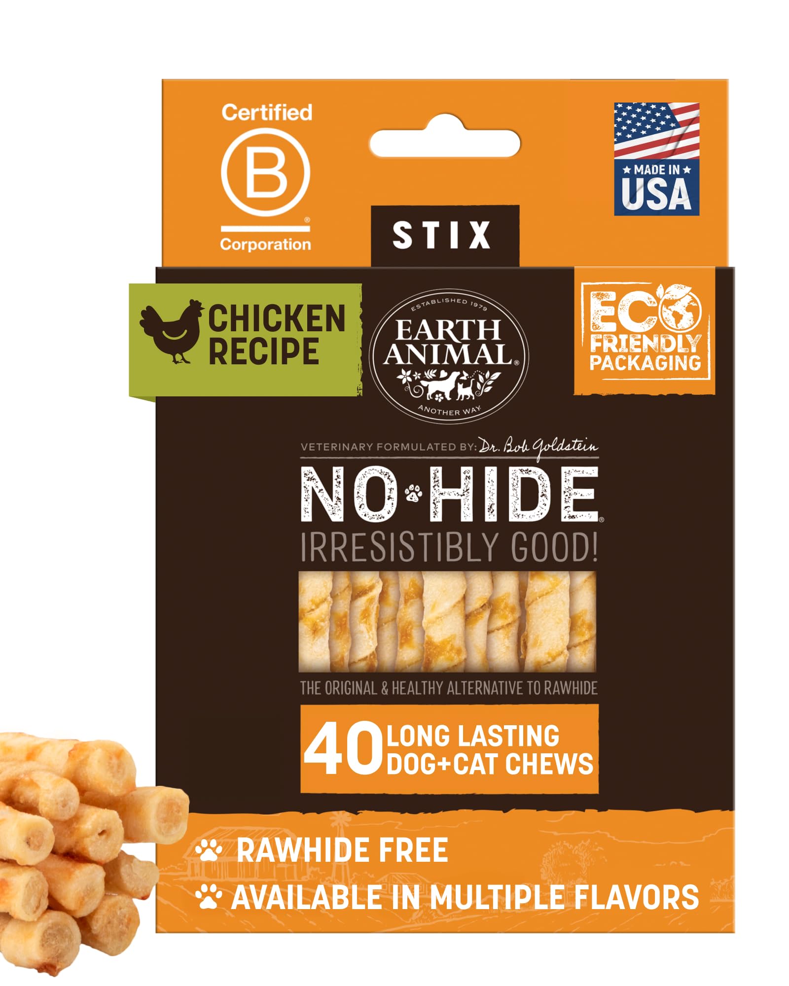 Earth Animal No Hide Stix – emballage 40 pièces, pratique pour récompenses quotidiennes.