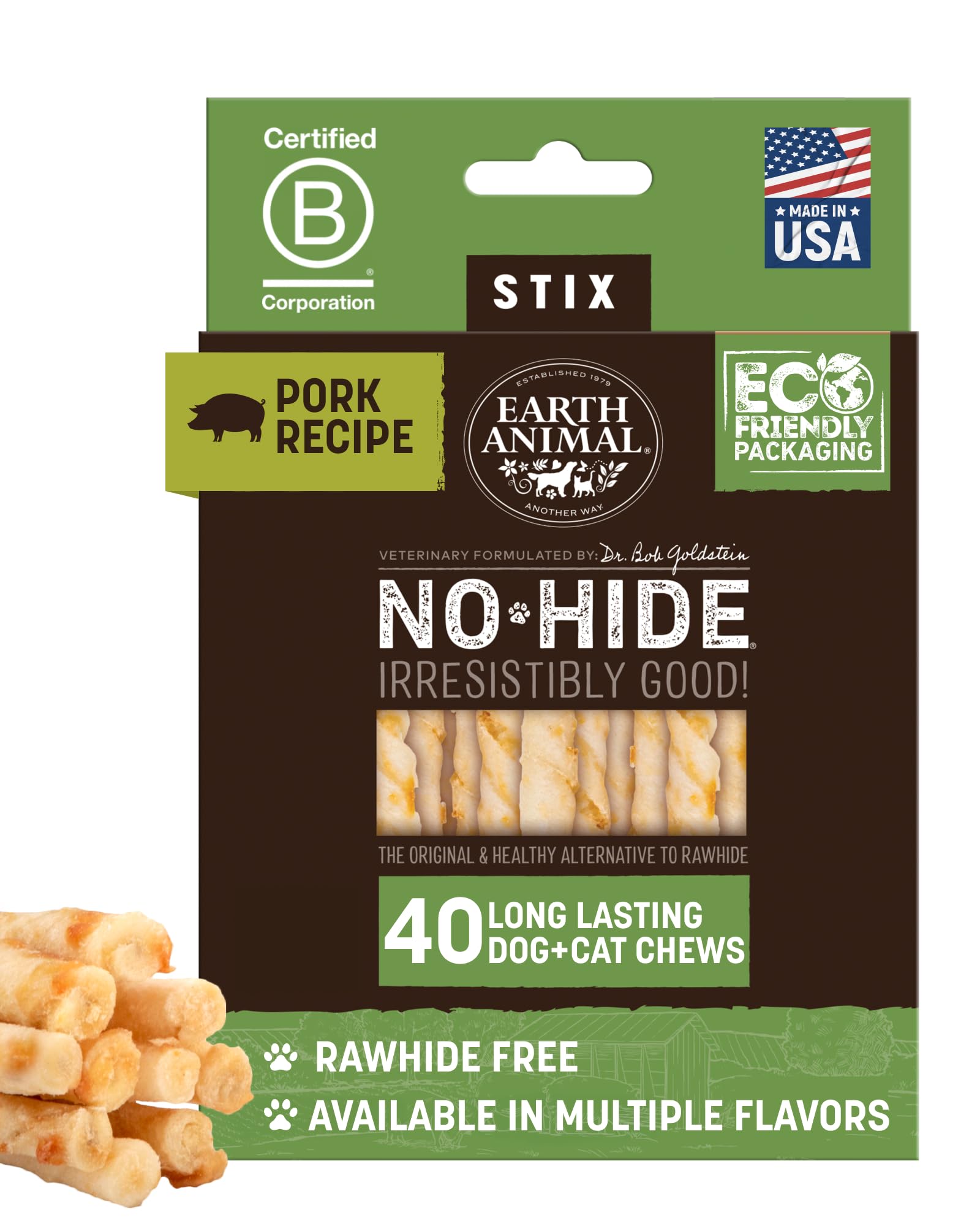 Emballage Earth Animal No Hide Stix, 40 pièces, idéal pour petits chiens.