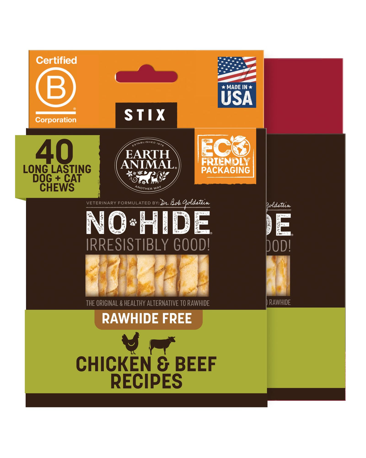 Emballage Earth Animal No-Hide Stix, 40 unités, alternative saine au cuir brut.