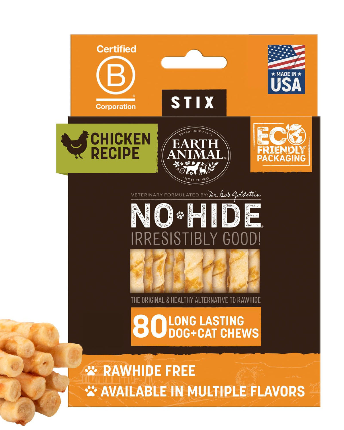 Earth Animal No Hide Stix emballage 80 pièces, friandise durable pour petits chiens